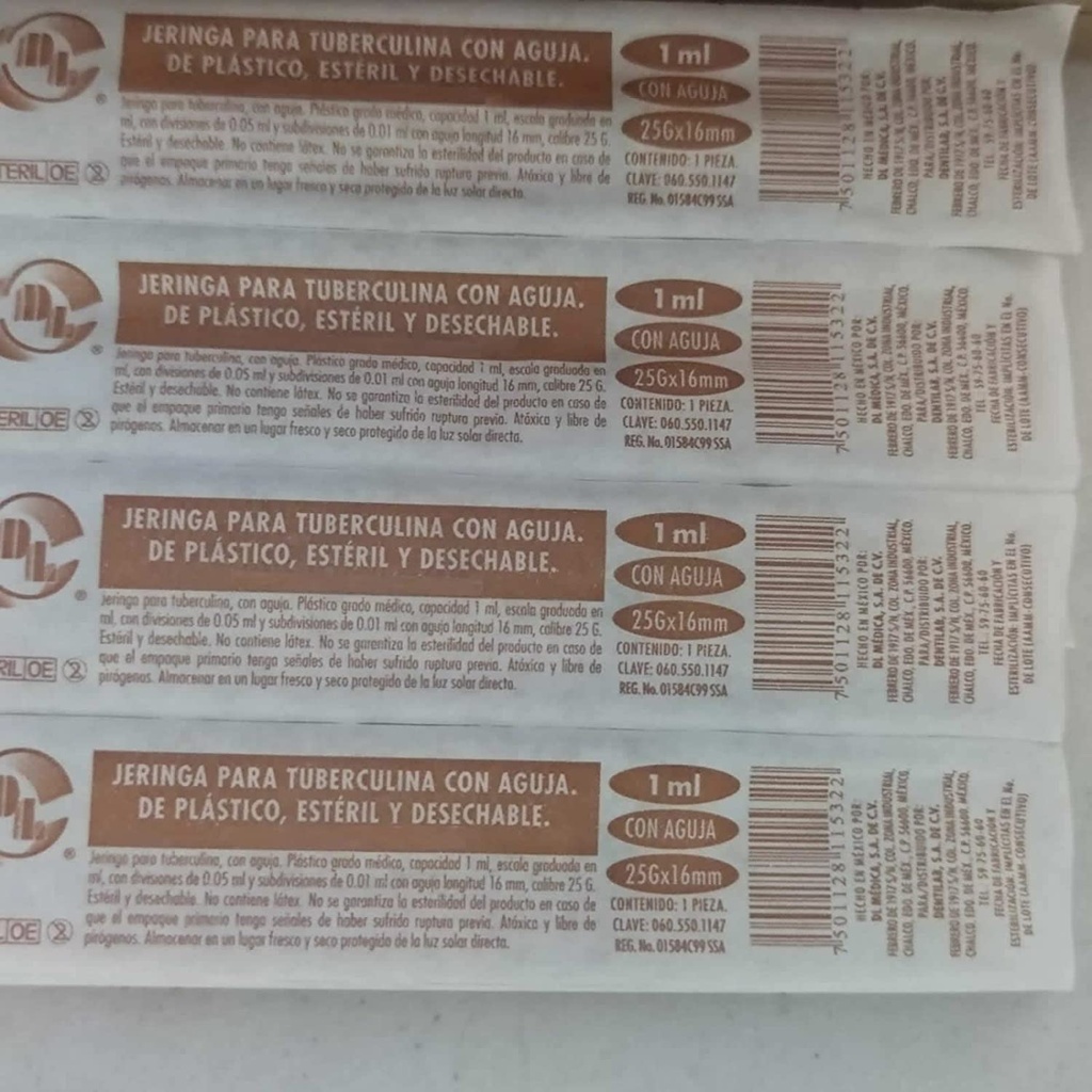 JERINGA HIPODERMICA DESECHABLE PARA TUBERCULINA 1.0ML 25G X 16MM CAJA CON 200 DL