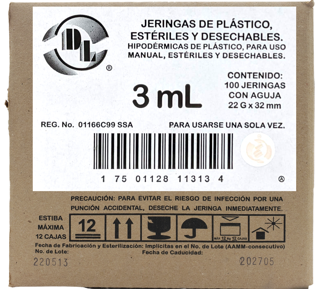 JERINGA HIPODERMICA DESECHABLE 3ML AGUJA 22G X 32MM C/100 DL