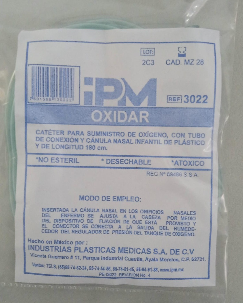 Catéter Para Suministro de Oxigeno, Con Tubo de Conexión y Cánula Nasal Infantil de Plastico y de Longitud 180cm k291 IPM