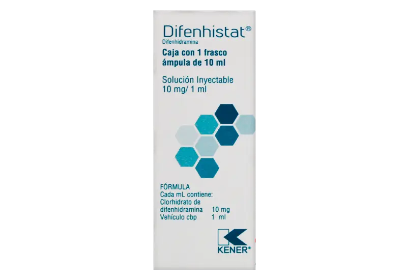 Difenhistat Difenhidramina Solución inyectable Cada frasco ámpula contiene: Clorhidrato de difenhidramina 100 mg. Envase con frasco ámpula de 10 ml.