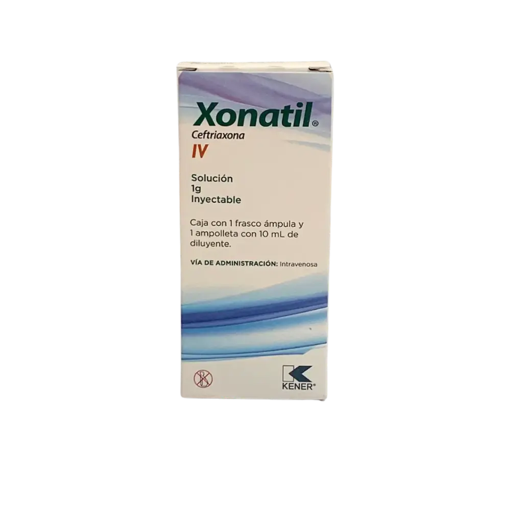 Xonatil Ceftriaxona IV Solución Inyectable. Cada frasco ámpula con polvo contiene: Ceftriaxona sódica equivalente a 1 g de ceftriaxona. Envase con un frasco ámpula y 10 ml de diluyente. KENER