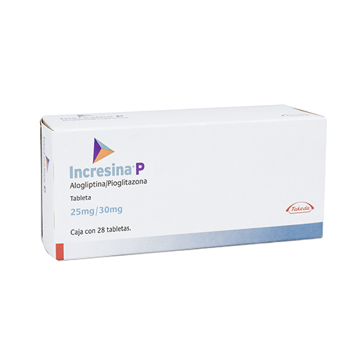 Incresina P Alogliptina / Pioglitazona Tableta Cada tableta contiene: Benzoato de alogliptina equivalente a 25 mg de alogliptina Clorhidrato de pioglitazona equivalente a 30 mg de pioglitazona Envase con 28 tabletas. Takeda