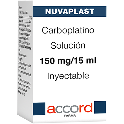Nuvaplast CARBOPLATINO 150mg/ 15mL. Envase con 1fco, Ampula. Seco, manejable hasta 25°C.                                                     