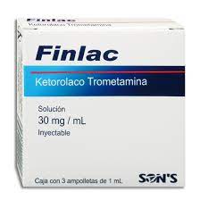 Finlac Ketorolaco solucion inyectable cada frasco ámpula o ampolleta contiene: ketorolaco-trometamina 30 mg envase con 3 frascos ámpula o 3 ampolletas de 1 ml.