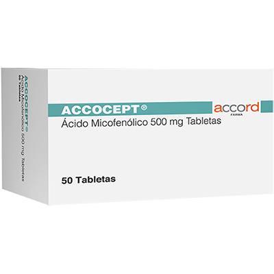 Accocept ÁCIDO MICOFENOLICO 500mg. Envase con 50 tabletas. Seco, manejable hasta 25°C.                                                      ACCORD