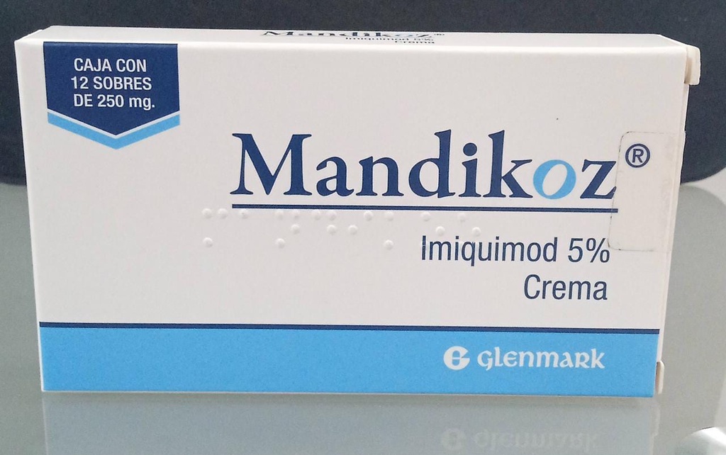 Mandikoz Imiquimod Crema al 5% Cada sobre contiene: Imiquimod 12.5 mg Envase con 12 sobres que contienen 250 mg de Crema. GLENMARK