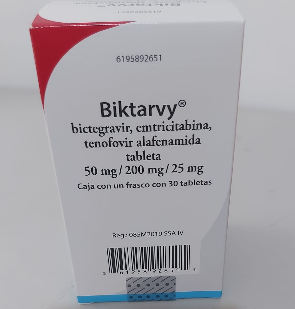 Biktarvy Bictegravir/Emtricitabina/Tenofovir Alafenamida. Tableta. Bictegravir sódico 52.5 mg equivalente a 50 mg de bictagravir. Emtricitabina 200 mg Tenofovir alafenamida fumarato 28 mg equivalente a 25 mg de tenofovir alafenamida. Caja con un frasco con 30 tabletas. GILEAD