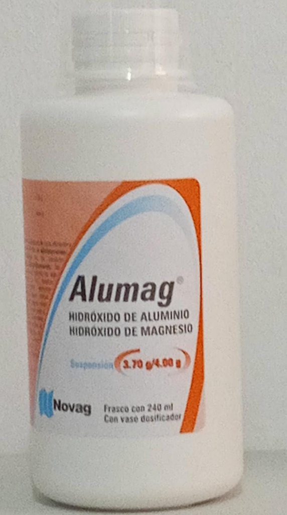Alumag Aluminio y magnesio Suspensión Oral Cada 100 ml contienen: Hidróxido de aluminio 3.7 g Hidróxido de magnesio 4.0 g o trisilicato de magnesio: 8.9 g Envase con 240 ml y dosificador.