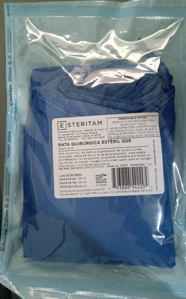 Bata quirúrgica con puños ajustables y refuerzo en mangas y pecho. Tela no tejida de polipropileno impermeable a la penetración de líquidos y fluidos ; antiestática y resistente a la tensión Estéril y desechable Tamaño: Grande Pieza. ESTERITAM