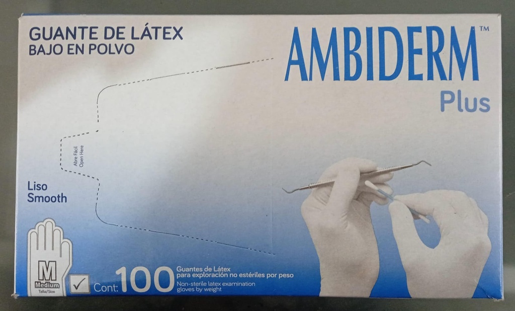 AMBIDERM Plus GUANTE LTX EXPLORACIÓN BLANCO No Estéril MED. c/100 Pzs. Guantes de Látex para exploración/examen No estéril  (MEDIANO) NA