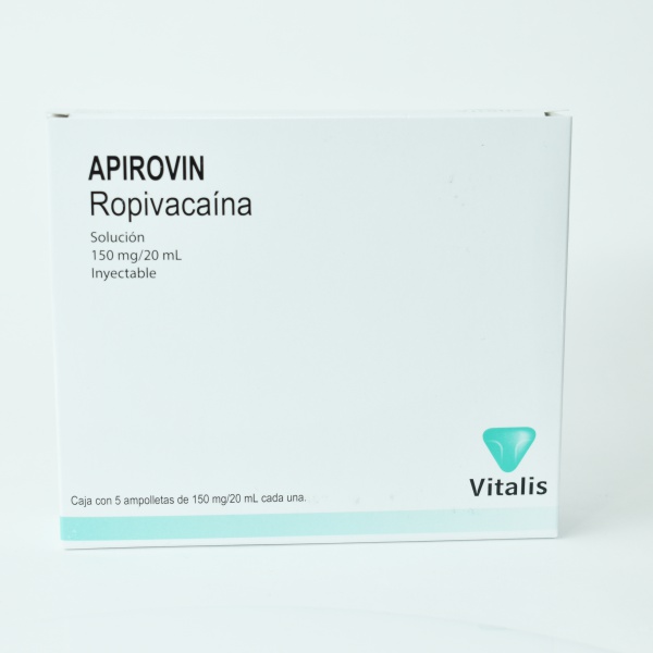 Apirovin Ropivacaína Solución Inyectable Cada ampolleta contiene: Clorhidrato de ropivacaína monohidratada equivalente a 150 mg de clorhidrato de ropivacaina. Envase con 5 ampolletas con 20 ml. VITALIS