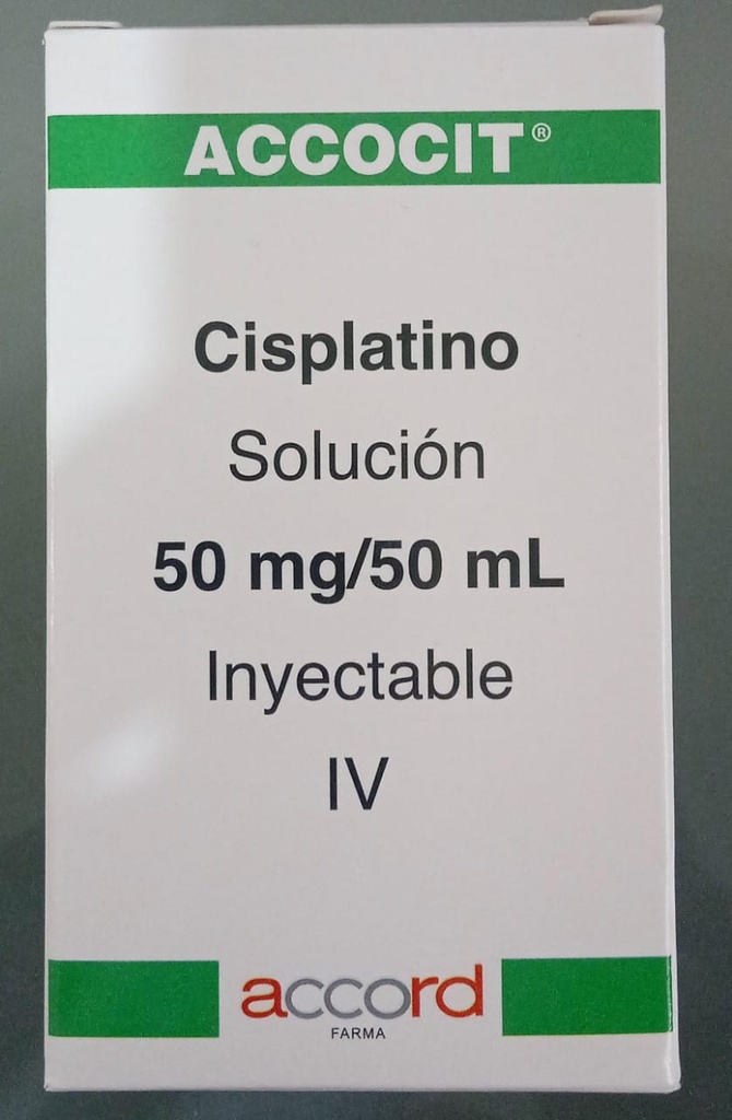 Accocit  CISPLATINO 50mg/ 50mL. Envase con 1fco.ampula  Seco, manejable hasta 25°C.                                                     