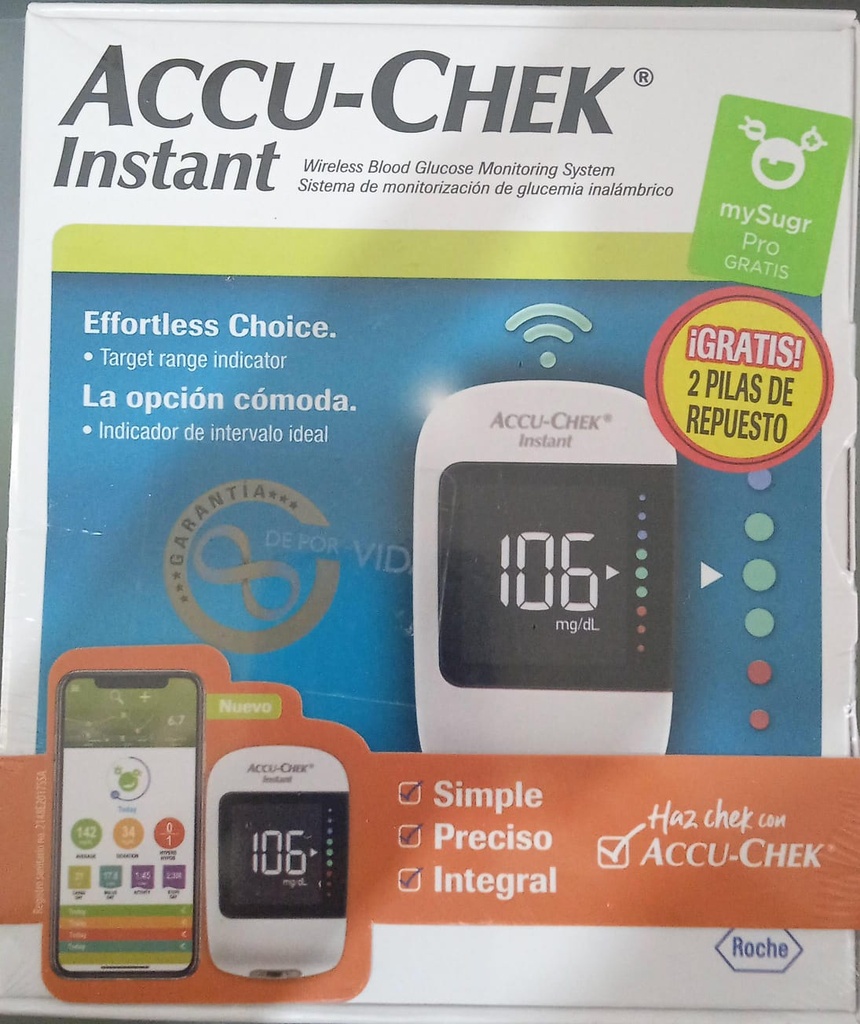 Glucómetro Accu-Chek Instant Contiene 2 pilas de repuesto +25 tiras reactivas ROCHE