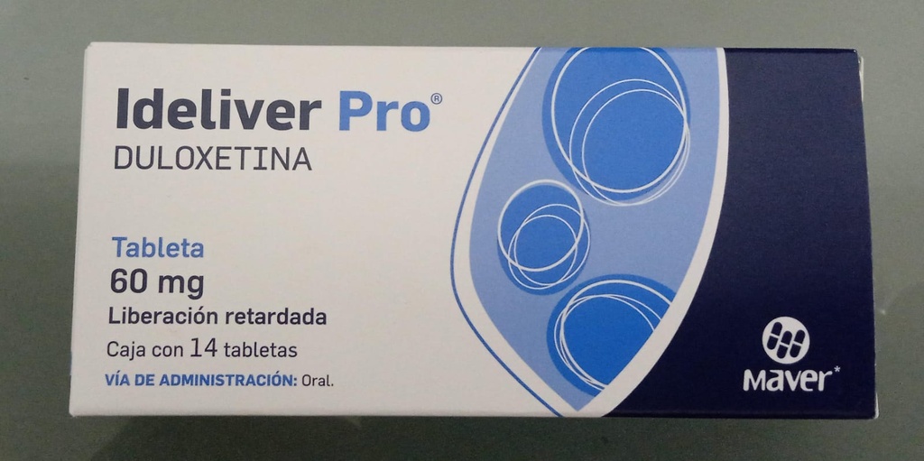 Ideliver Pro Duloxetina Cápsula de liberación retardada. Cada cápsula de liberación retardada contiene: Clorhidrato de duloxetina equivalente a 60 mg de duloxetina Envase con 14 Cápsulas de Liberación Retardada. MAVER