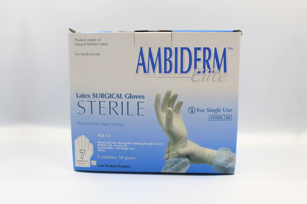 Guantes Para cirugía De látex natural estériles y desechables. Tallas: 7 caja con 50 par AMBIDERM
