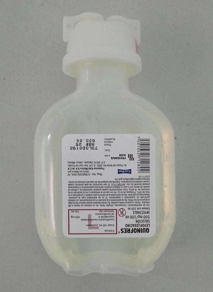 Quinofres Ciprofloxacino Solución Inyectable Lactato o clorhidrato de ciprofloxacino equivalente a 500 mg de ciprofloxacino. Envase con 100 ml.