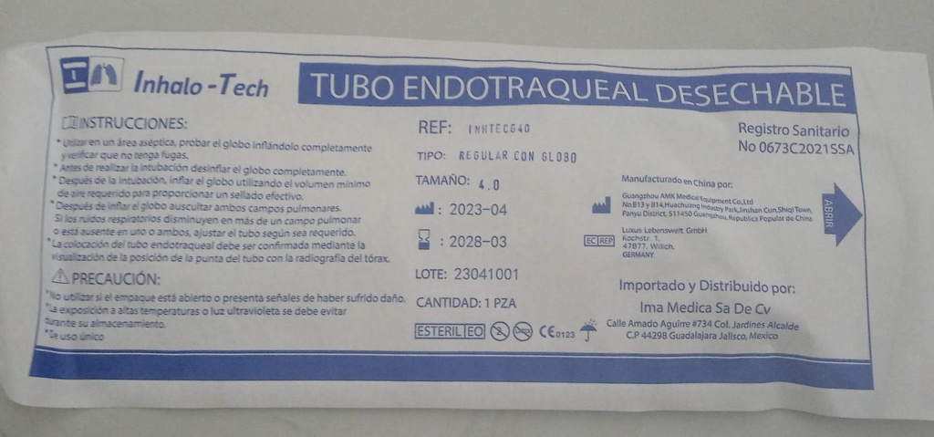 Tubo Endotraqueal de Plástico Con Globo 4.0MM 16FR Inhalo-Tech