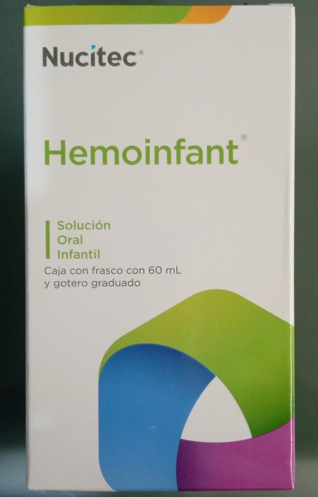 Hemoinfant Sol. Infantil Fco. Gotero 60 ML.Cada 100ml (1ml=16 gotas) contienen: Tiamina (Vit. B1) 55mg+Riboflavina (Vit. B2) 60mg+Piridoxina (Vit. B6) 75mg+Cianocobalamina (Vit. B12) 0.055mg+Ácido fólico 3.750mg+Ácido ascórbico (Vit. C) 3.0g+Hierro 1.0g+Zinc 1.0g. NUCITEC
