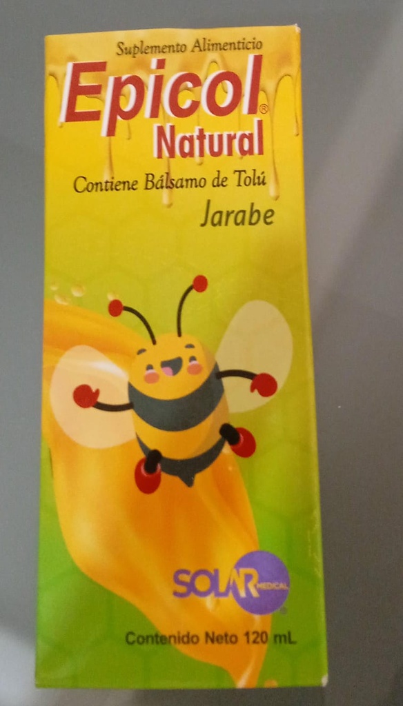 Epicol Natural Jarabe Fco. 120 ML.Cada 5 mL=1 porción, contienen: Eucalipto 0.02mL+Gordolobo 0.02mL+Tomillo 0.02mL+Sáuco 0.02mL+Propóleo 0071mL+Equinacea purpúrea 20mg+Bálsamo de Tolú 0.10mL+Vitamina-C 1.665mg. SOLAR
