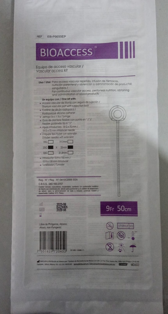 CATETER VENOSO SUBCUTANEO IMPLANTABLE
CONTIENE: UN CONTENEDOR METALICO DE TITANIO CON MEMBRANA DE SILICON O POLIURETANO PARA PUNCIONAR Y UN CATETER DE ELASTOMERO DE SILICON, PARA LA ADMINISTRACION DE BOLO O INFUSION CONTINUA 060 165 0757 00 00 