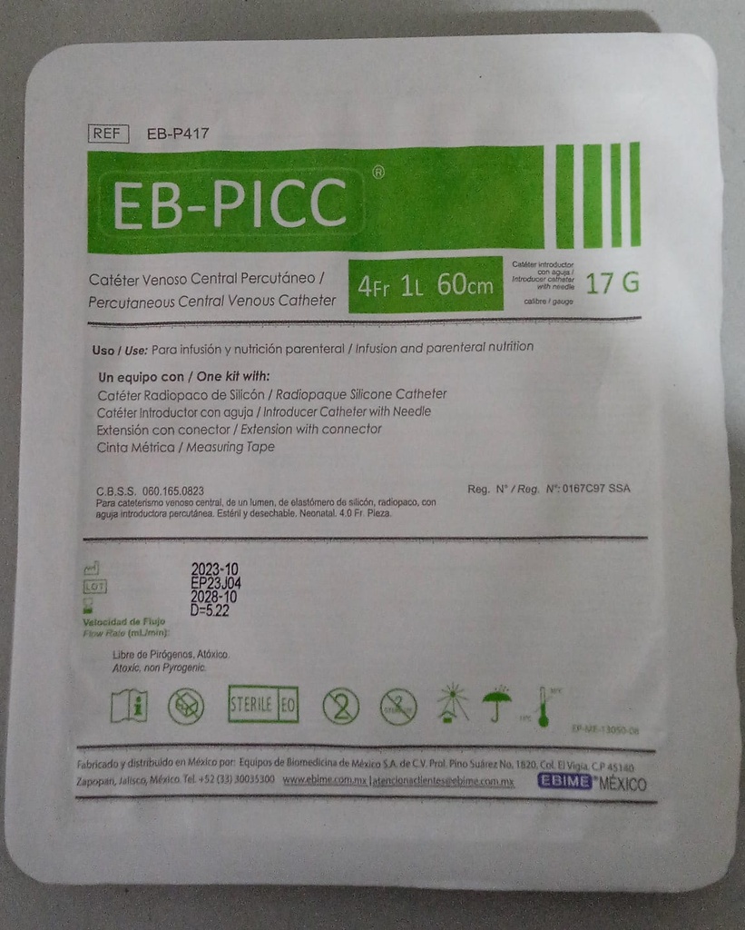Eb-Picc Catéteres Para cateterismo venoso central de un lumen de elastómero de silicón radiopaco con aguja introductora percutánea. Estéril y desechable. Neonatal. Calibre: 4.8 a 5.0 Fr. Pieza. Ref. EB-P417 060 165 0823 00 00 EBIME