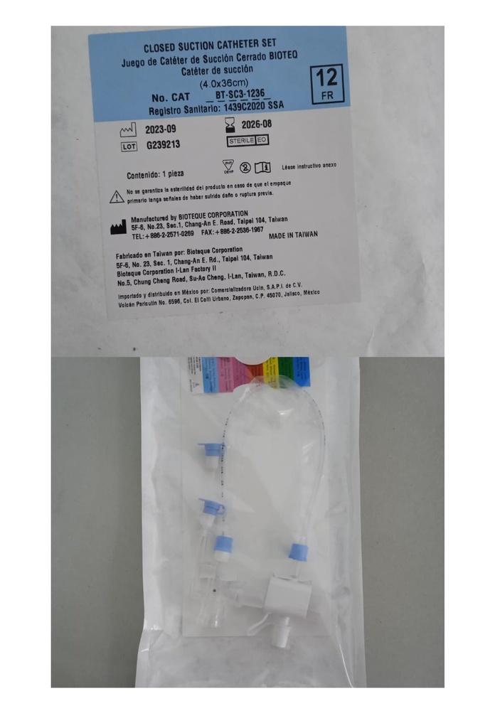 Sistema de Succión de Sistema Cerrado 
Para traqueostomía con Puerto para MDI 
de Irrigación Adulto DE 12 FR X 36 CM de
Largo BIOTEQ