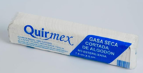Quirmex Gasa seca cortada, de algodón 100%, No estéril, Tamaño 7.5x5cm, Tejido 20x12 Tipo VII, 12 Capas.
