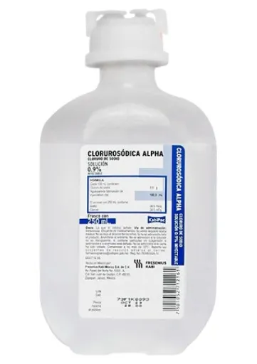 Alpha Cloruro de sodio Solución Inyectable al 0.9%. Cada 100 ml contienen: Cloruro de sodio 0.9 g Agua Inyectable 100 ml Envase con 250 ml. Contiene: Sodio 38.5 mEq. Cloruro 38.5 mEq. FRESENIUS KABI