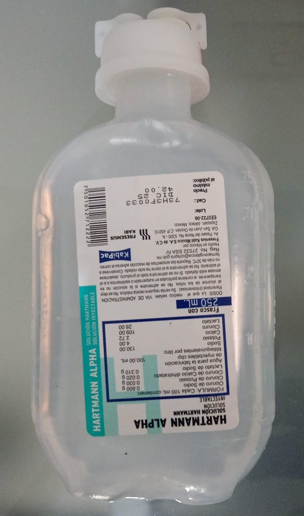 Alpha Solución Hartmann. Solución Inyectable Cada 100 ml contienen: Cloruro de sodio 0.600 g Cloruro de potasio 0.030 g Cloruro de calcio dihidratado 0.020 g Lactato de sodio 0.310 g Envase con 250 ml. Miliequivalentes por litro: Sodio 130 Potasio 4 Calcio 2.72-3 Cloruro 109 Lactato 28 FRESENIUS KABI