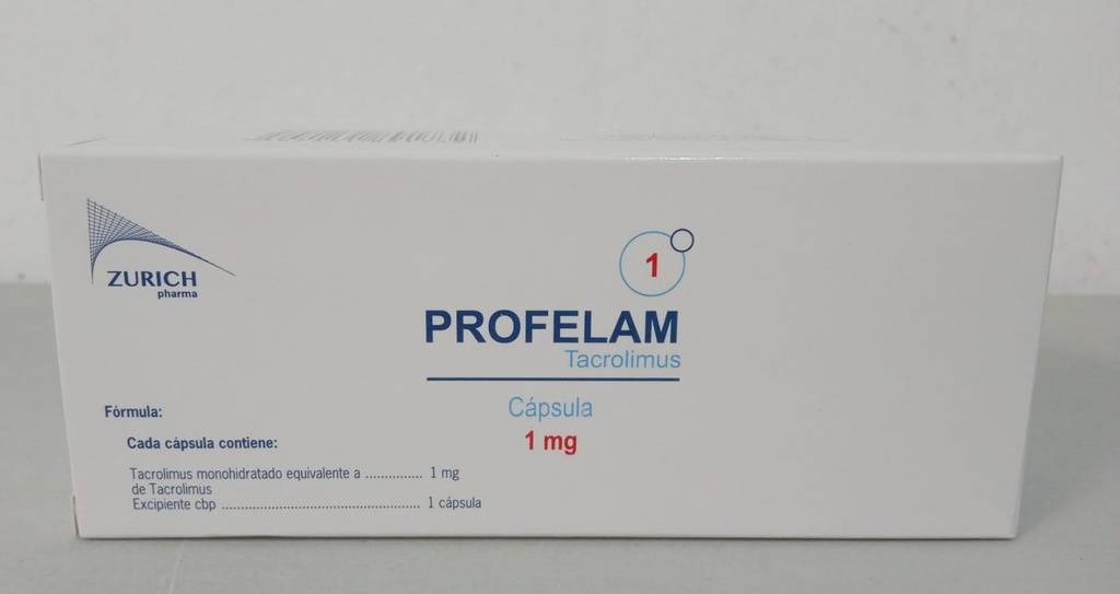Profelam Tacrolimus Cápsula Cada Cápsula contiene: Tacrolimus monohidratado equivalente a 1 mg de tacrolimus Envase con 50 Cápsulas.