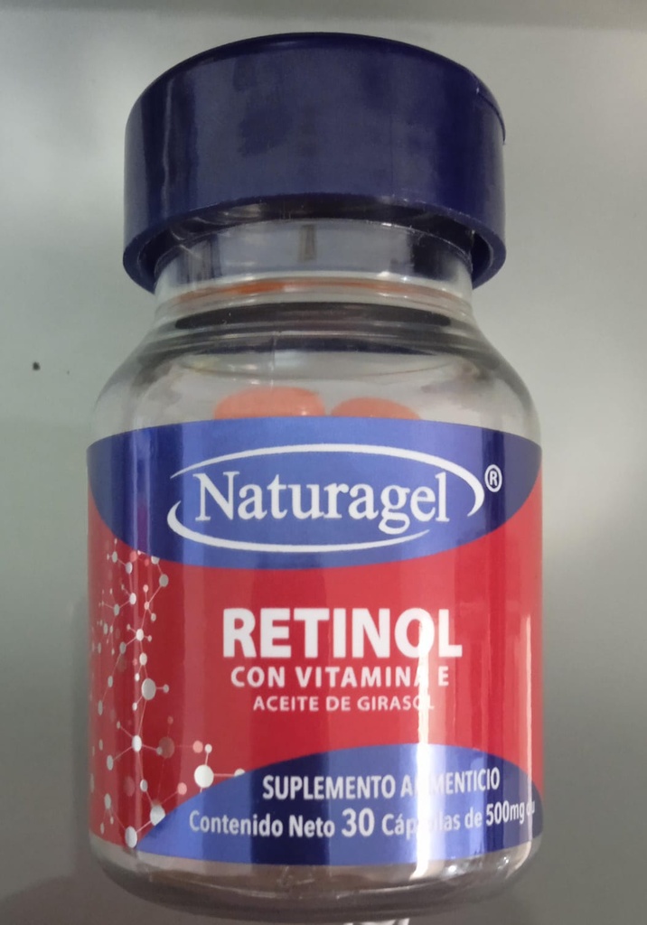 Retinol/Vitamina-e/ac. de girasol c/30 Caps. 500 MG. Vitamina-A (Retinol)1mg+Vitamina-E (dl-alfatocoferol)200mg. NATURAGEL