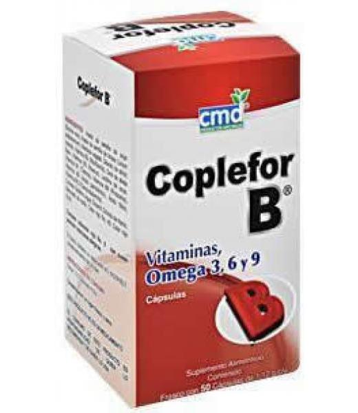  Coplefor-B c/50 Caps. 1.12 G.Vit.B1 (Tiamina) 1.84mg+Vit.B2 (Riboflavina) 6mg+Vit.B3 (Nicotinamida) 5mg+Vit.B6 (Ácido pantoténico) 0.92mg+Vit.B6 (Piridoxina) 1.65mg+Vit.B12 (Cianocobalamina) 0.50mcg+Ácido fólico 0.05mg+Aceite de linaza 100mg. (Omega-3 55.69mg+Omega-6 16.31mg+Omega-9 16.25mg).