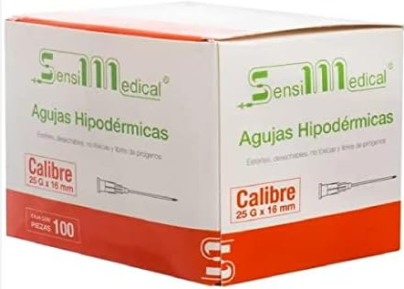 AGUJA HIPODERMICA (Sensimedical) 25Gx5/8"(16mm) Cja. c/100 Pzs. Aguja hipodérmica 25x16 [Ultra corta, Color naranja]