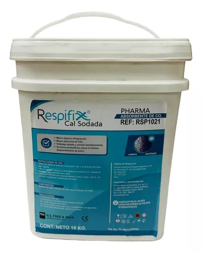 Respifix cal sodada cubeta 16kg con indicador de grado médico está fabricada para usarse con circuitos de anestesia / equipos de terapia respiratoria con el propósito de eliminar el bióxido de carbono exhalado de un circuito. Cuenta con absorbedores de CO2, que desprenden una mínima cantidad de polvo y píldoras semiesféricas que garantizan la absorción homogénea de CO2. Ref: RSP1021