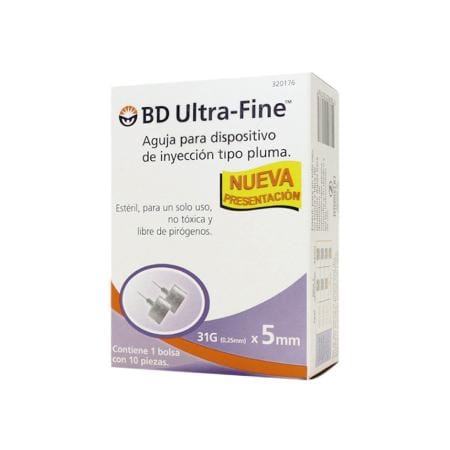 AGUJA PARA DISP. INY. TIPO PLUMA (BD U-Fine) 31Gx5mm. c/10 Pzs. Aguja para dispositivo de inyección de insulina tipo pluma 31x5mm. NA