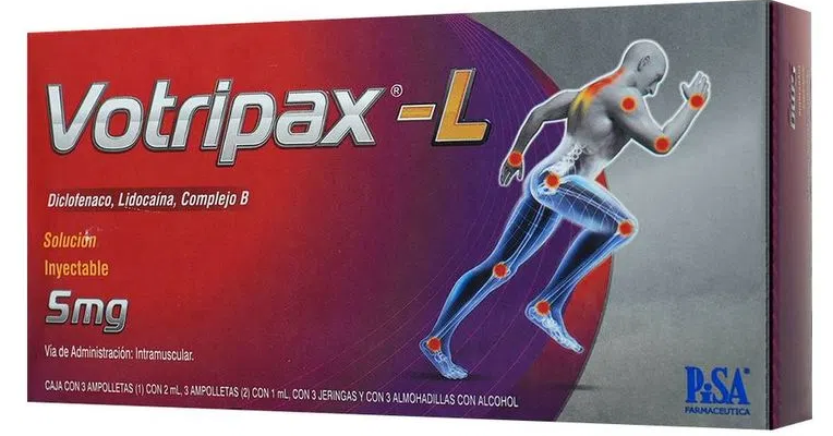 Votripax-L Forte 5 Mg 2 Ampolletas 1 Jeringa clorhidrato de tiamina (B1) 100 mg, diclofenaco sódico 75 mg, clorhidrato de piridoxina (B6) 100 mg. Vehículo cbp 2 ml. Cianocobalamina (B12) 5 mg. PISA