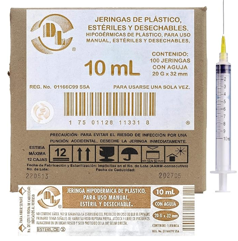 Jeringa de plástico 10mL. c/100 piezas estéril, desechable, pivote luer lock (Rosca) c/aguja 20x32 [Diam. 20G (0.90mm); Long. 1-1/4" (32mm); Color amarillo] Indicado para Soluciones aceitosas y Vitaminas, Adultos esbeltos. DL
