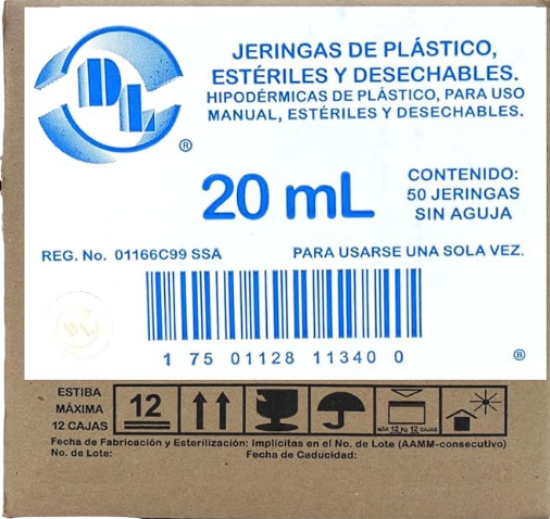 Jeringa 20 mL. (DL) Pivote Luer Lock s/Aguja   Punta Luer Lock (Rosca) c/50 Piezas.