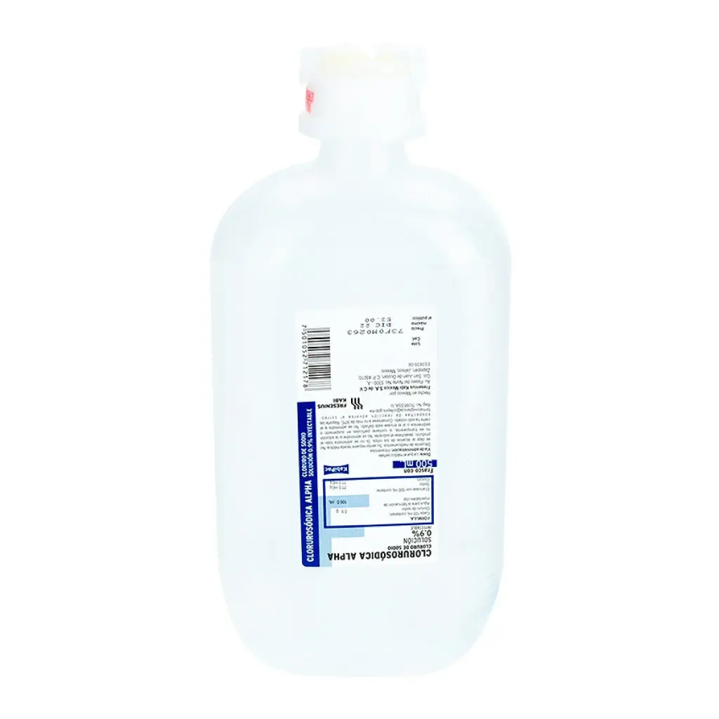 Alpha Cloruro sódica Sol. Iny. 0.9% Fco. 500 ML. Cloruro de Sodio (Sol. Inyectable) Macro solución. Cada 100ml contienen: Cloruro de sodio 0.9g. (Sodio 77.0 mEq; Cloruro 77.0 mEq.) FRESENIUS