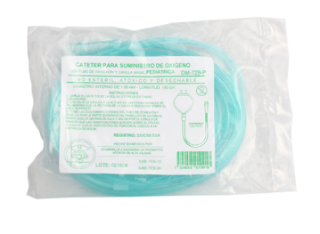 Catéter/Sonda para suministro de oxígeno con tubo de conexión y cánula nasal de plástico, desechable, no estéril, Atóxico. Adulto. Diámetro interno de la canula: 2mm, Longitud: 180 cm. DIP-MAC