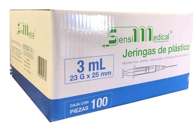 Jeringa de plástico 3cc/mL. estéril y desechable c/aguja 23Gx25mm. [Diam. 23G (0.60mm); Long. 1" (25mm); Color azul]  caja con 100 piezas JAYOR