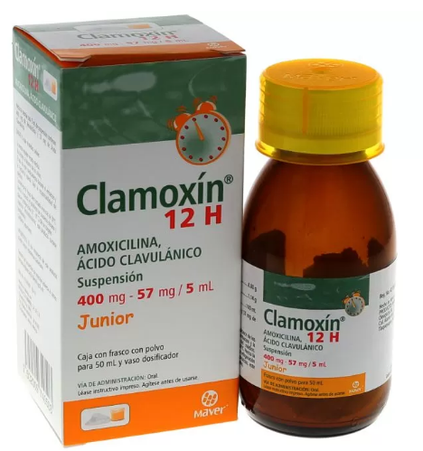 CLAMOXÍN 12H SUSP. Junior Fco. 50 ML. 400-57 MG/5 ML. Amoxicilina+Ácido Clavulánico 400/57mg. (Susp. Oral 12H). NA