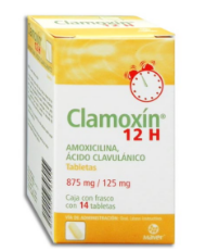 CLAMOXIN 12H c/14 TABS. 875/125 MG. Amoxicilina+Ácido Clavulánico 875/125mg. (Tabs. Orales 12H). NA