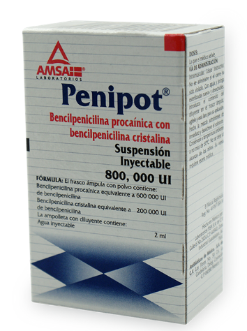 Penipot Susp. Iny. c/1 FCO. AMP. 800,000 U.I/2 ML. Bencilpenicilina procaínica 600,000 UI+Bencilpenicilina cristalina 200,000 UI/2ml.