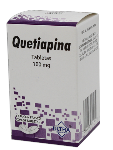 QuetiapinaTableta Cada Tableta contiene: Fumarato de quetiapina equivalente a 100 mg de quetiapina Envase con 60 Tabletas.