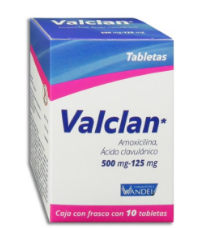 VALCLAN c/10 TABS. 500/125 MG.                Amoxicilina+Ácido Clavulánico 500/125mg. (Tabs. Orales). NA