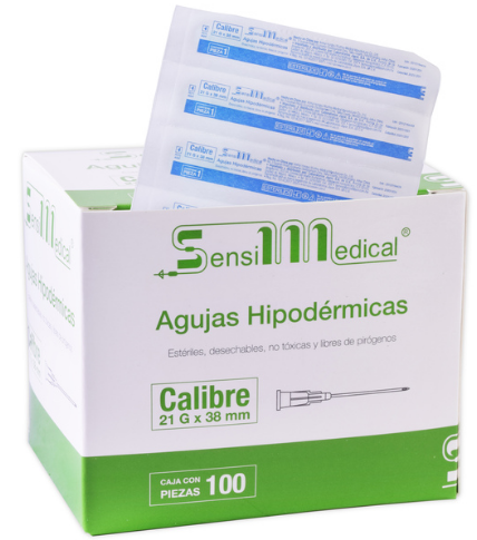 Aguja hipodérmica 21x38 [Larga, Color verde] estéril y desechable calibre 21Gx38mm. [Diam. 21G (0.80mm); Long. 1-1/2"(38mm); Color verde] Usos: Aplicación de Penicilinas, Adultos Robustos.