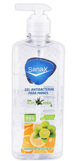 Sanax gel Antibacterial al 70% Fco. c/500 ML. para manos, con Aloe Vera y aroma cítricos.