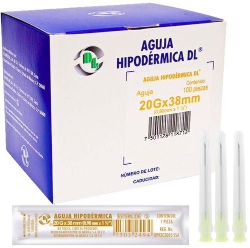 AGUJA HIPODÉRMICA (DL) 20Gx1-1/2"(38mm) Cja. c/100 Pzs. Aguja hipodérmica 20x38 [Larga, Color Amarillo]