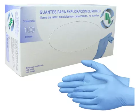 Guantes de nitrilo o polibutadine-acrylonitrilo libre de látex ambidiestro desechable no estéril. Tamaño: Grande C/100 piezas DL